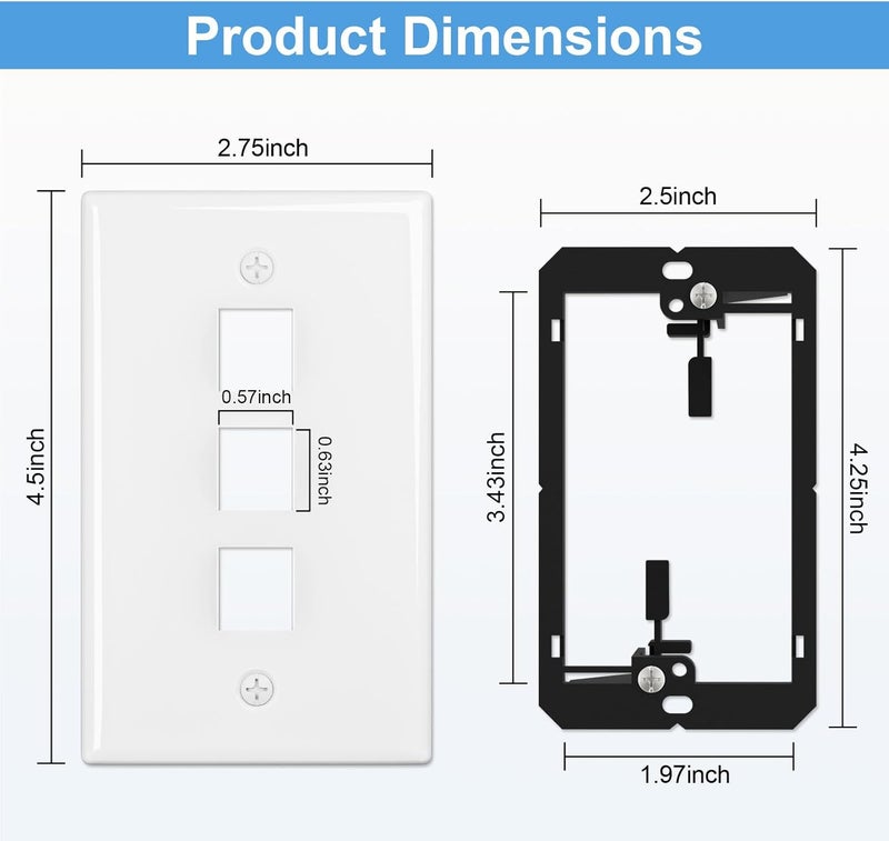 FGBB 3-Port Keystone Wall Plate, with Low Voltage Mounting Bracket, with Single Gang Decorator Wall for RJ45, HDMI, and Coax Keystone Inserts, White, 10-Pack - Image 2